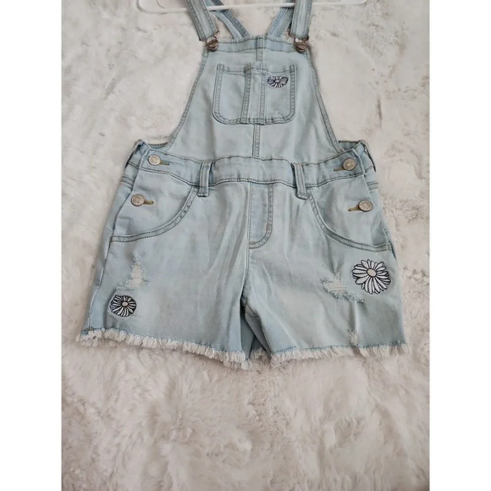 Justice Girls Size 12 Daisy Embroidered Denim Shortalls Light Wash Distressed
